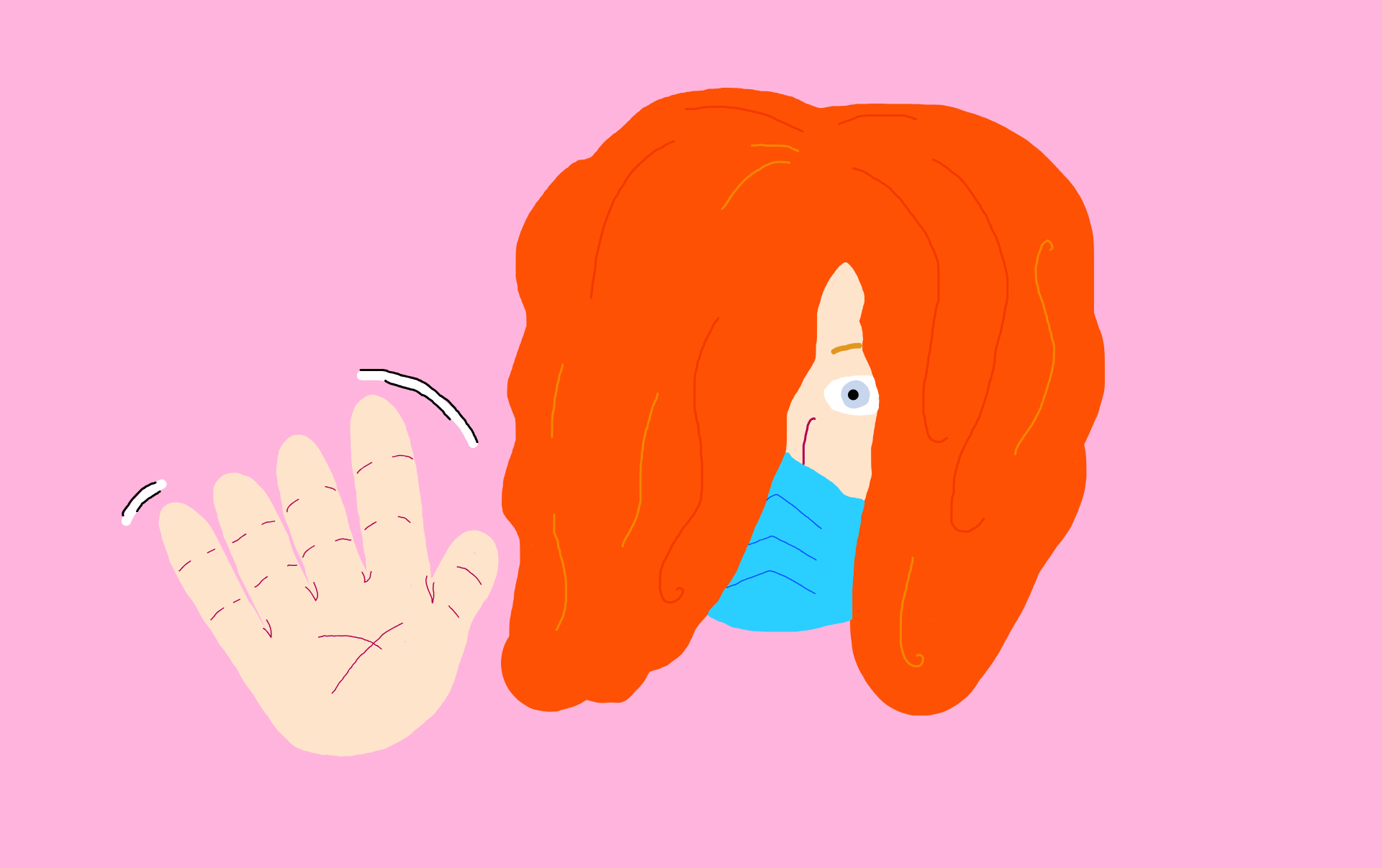 A drawn image of a person with long ginger hair wearing a blue mask (me) waving their hand at the viewer